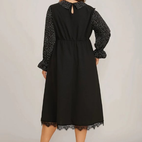 NWT Bloomchic Polka Dot Patchwork Lantern Sleeve Pocket Lace Trim Dress - Picture 3 of 3